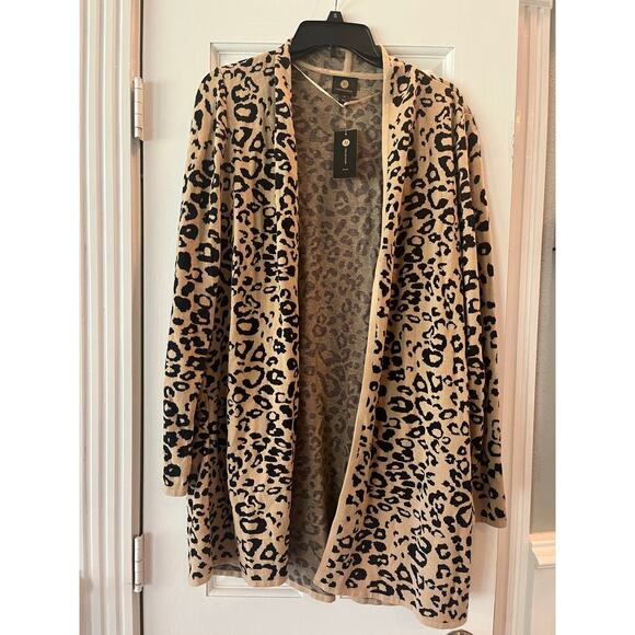 JM Collection Animal Print Open Front Cardigan Sweater Women 1X Neutral Preppy - Picture 1 of 9